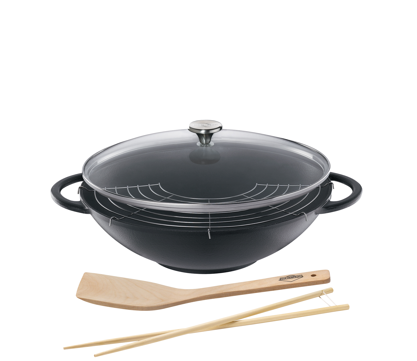 Wok Gußeisen mit Glasdeckel 37 cm Ø