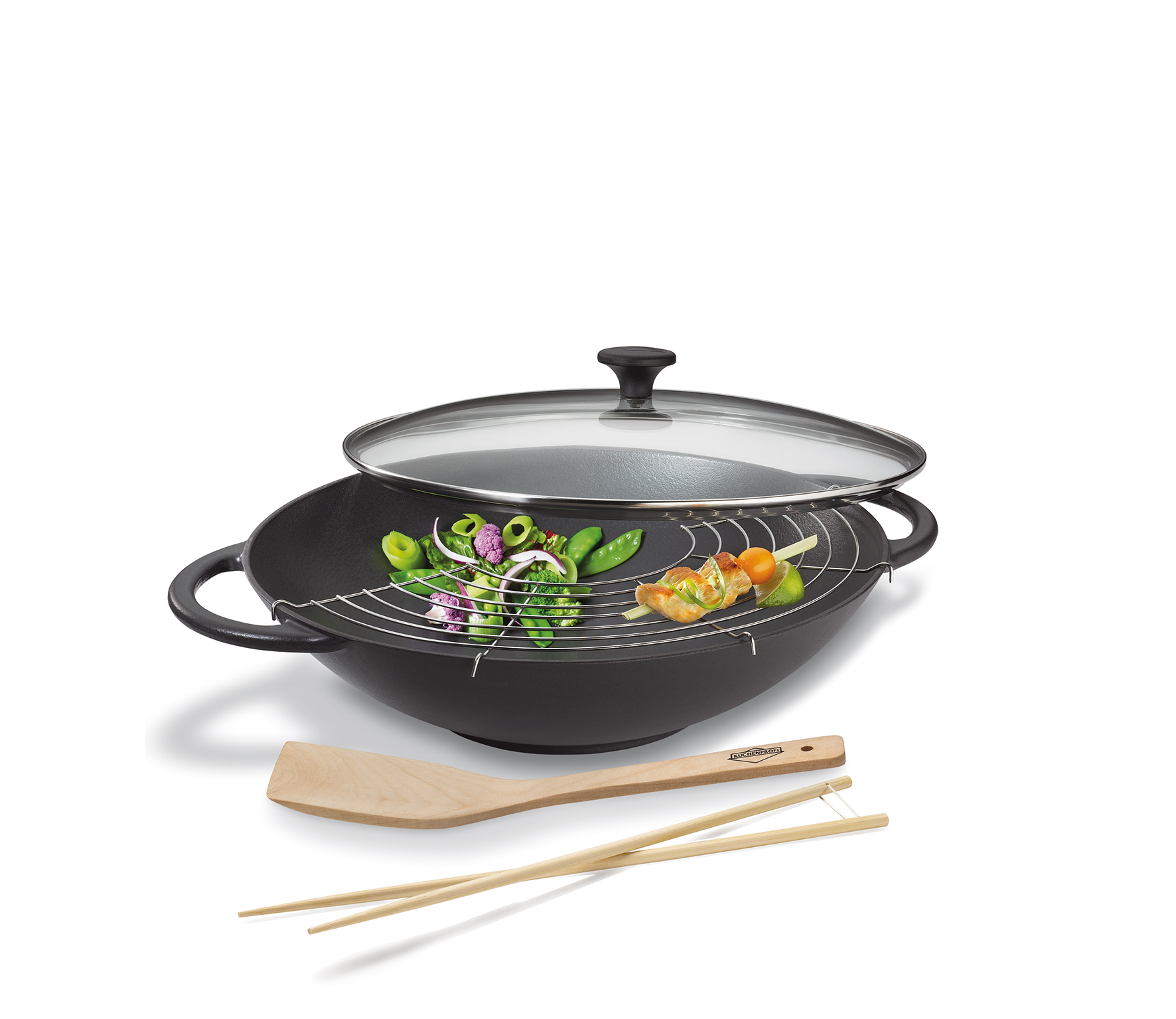 Wok Gußeisen mit Glasdeckel 37 cm Ø